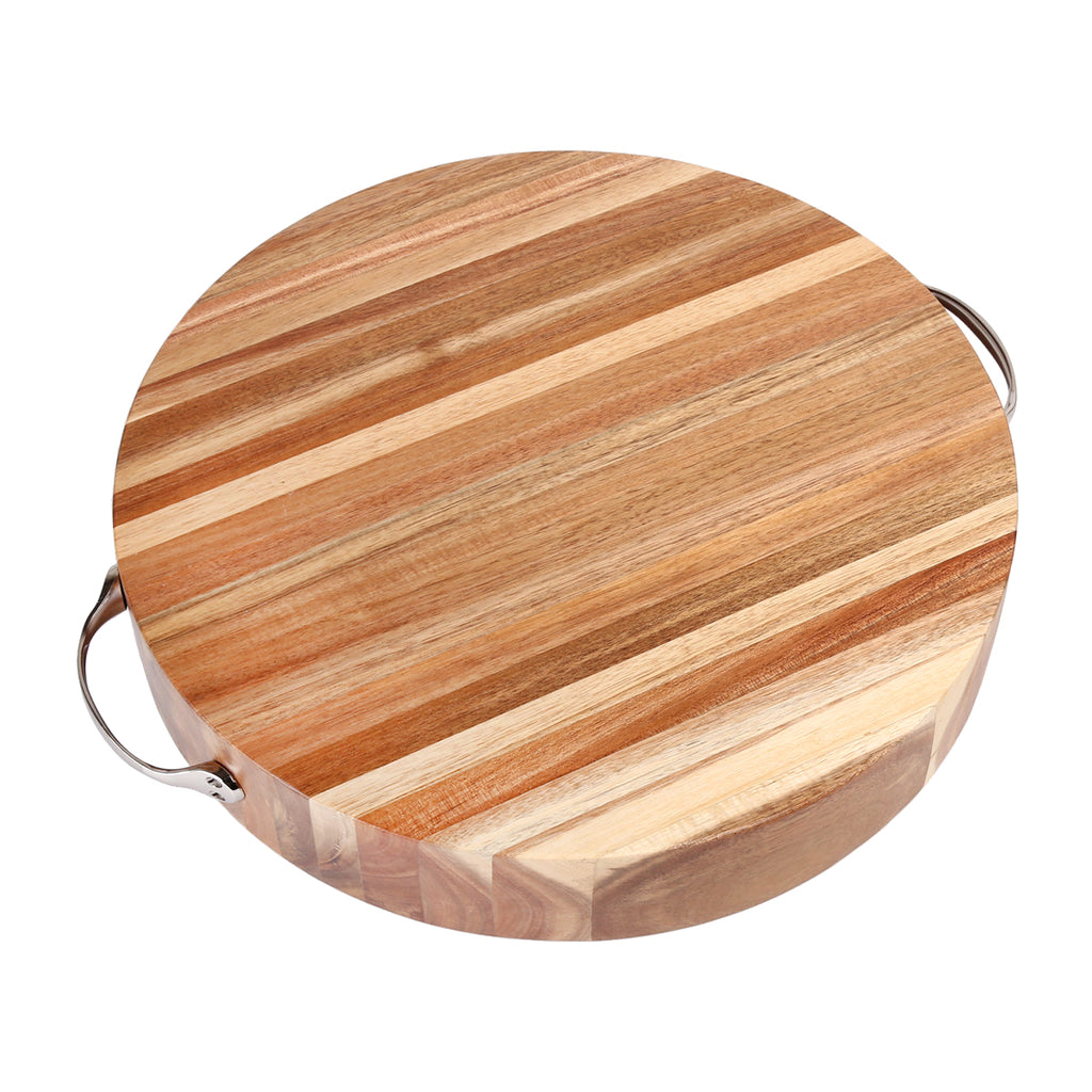 Creative Home Acacia Wood 14.8" Diam. Round Cutting Board, Chopping Block with Chrome Plated Metal Handles