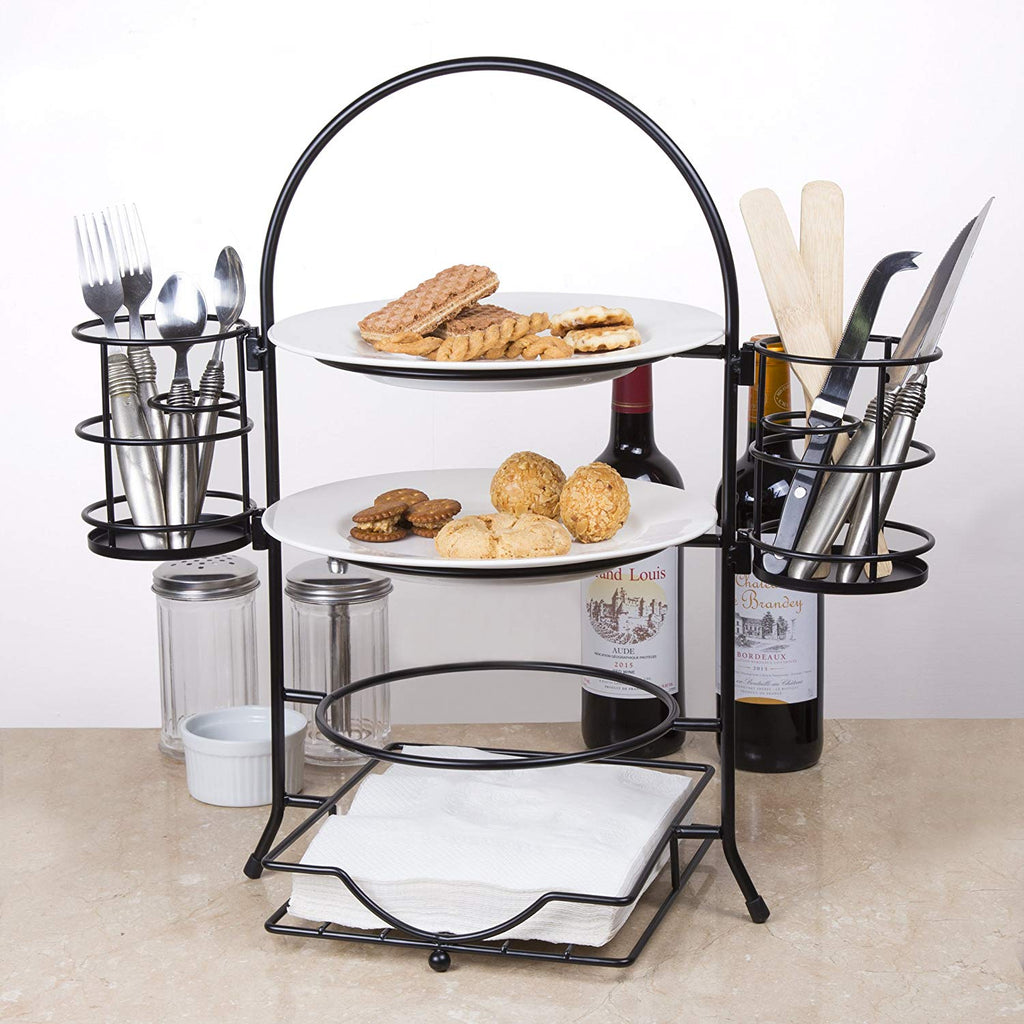 Creative Home 3-Tier Buffet Plate Serving Rack With Removable Flatware Holder, Black