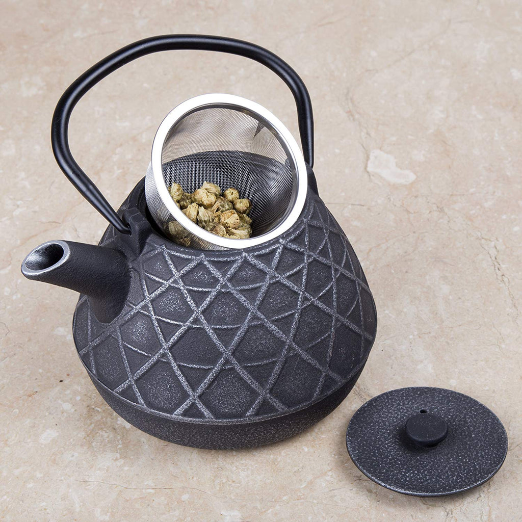Creative Home 73521 Kyusu Cast Iron Tea Pot with Infuser Basket, 34 oz, Silver/Black