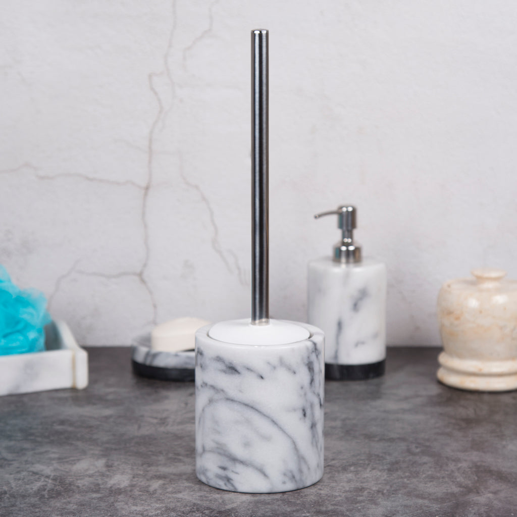 Modern Marble Soap Dispenser with Pump and Toothbrush Holder in White