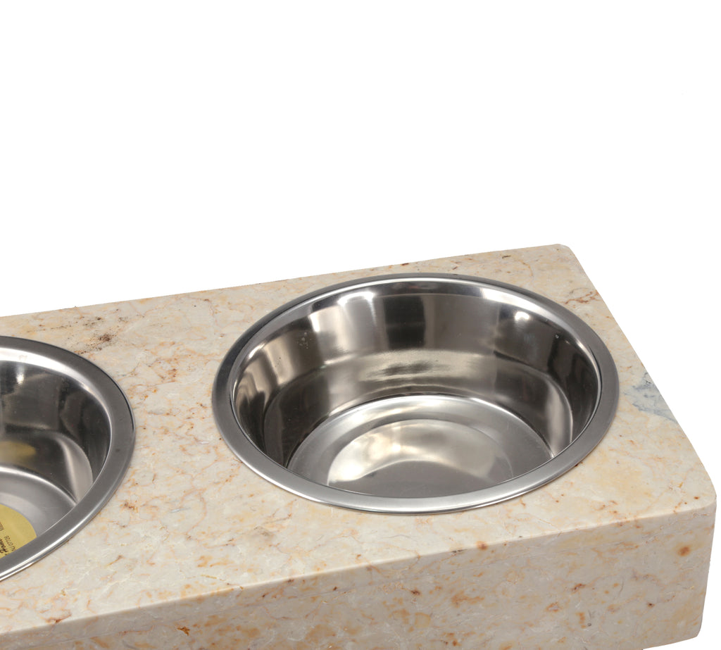 Creative Home 1.0 Pint Champagne Marble Double Diner Pet Food and Water Feeding Bowl Set