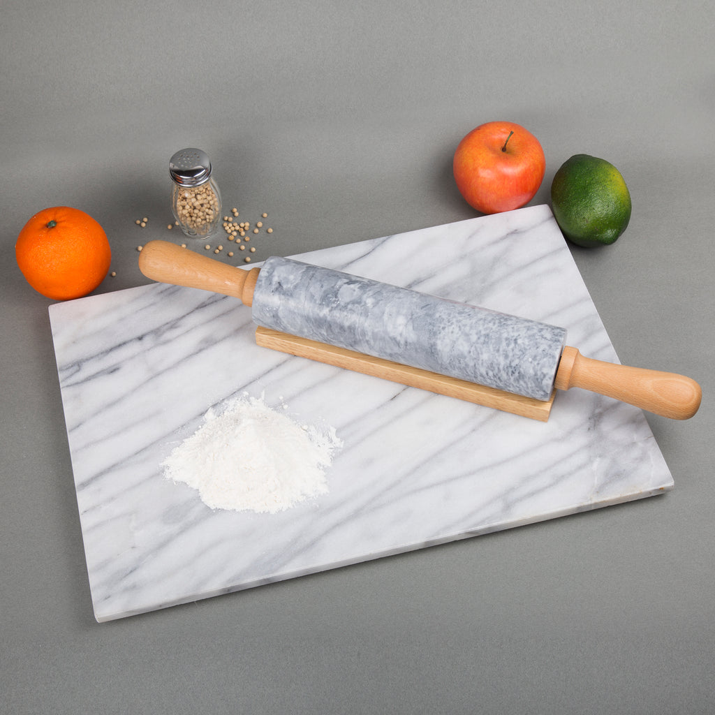 Creative Home 18" L Gray Marble Stone Rolling Pin with Wooden Handles and Cradle