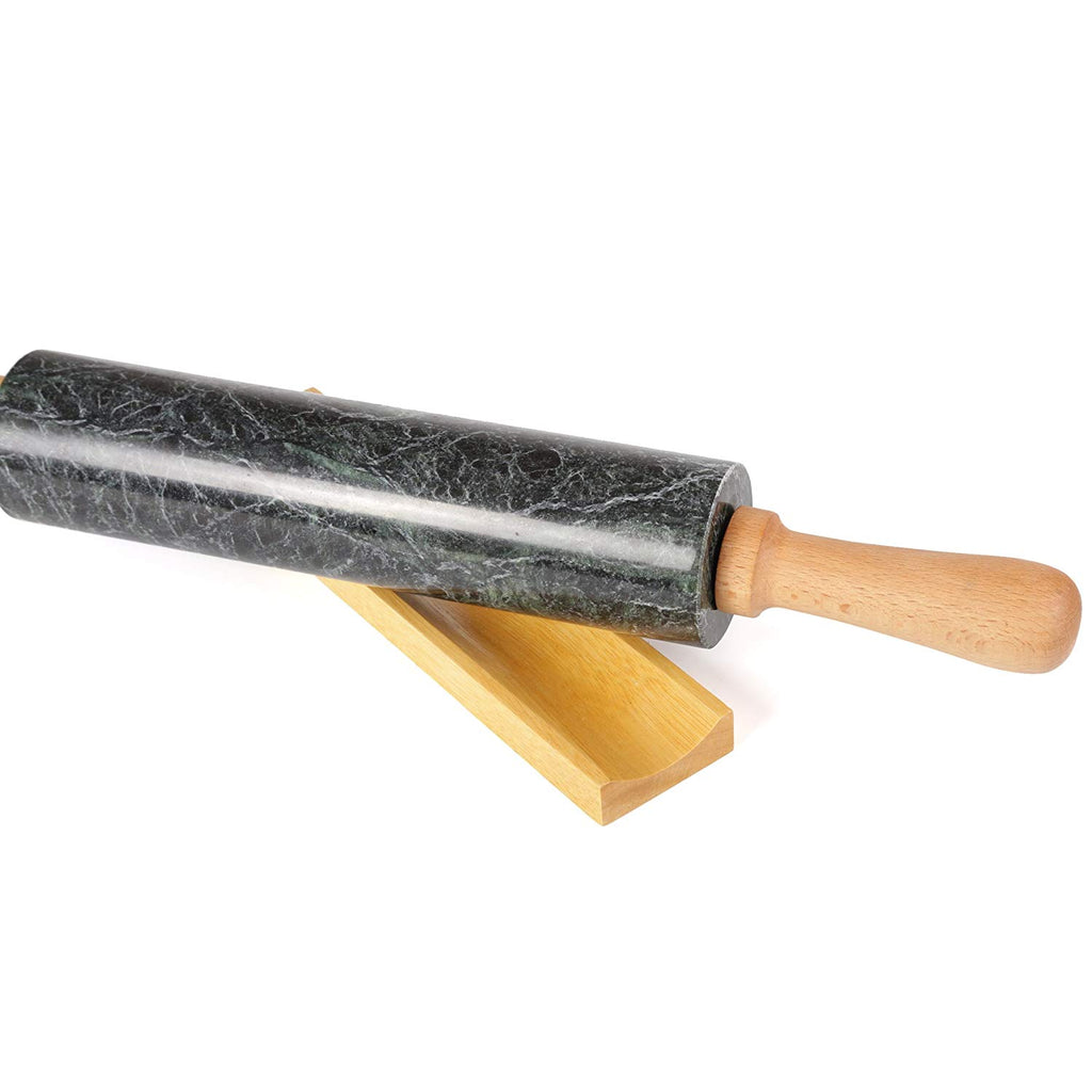 Deluxe Natural Green Marble 18 Inch Rolling Pin with Wooden Cradle