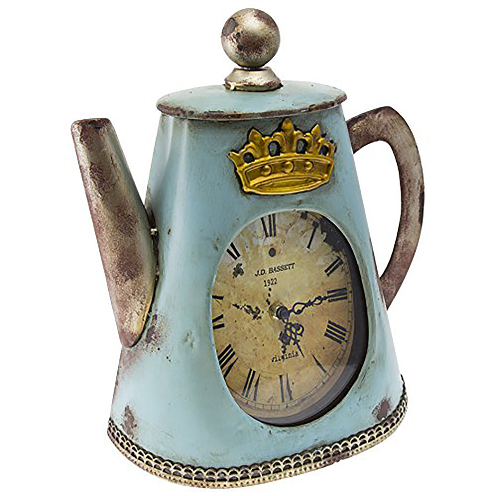 Creative Home Distressed Tea Kettle Shape Metal Analog Clock, Aqua Blue