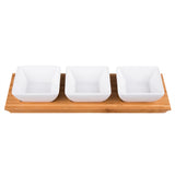 Creative Home 4 pc Stoneware SQ Bowls and Bamboo Rectangular Tray Snack Serving Set,