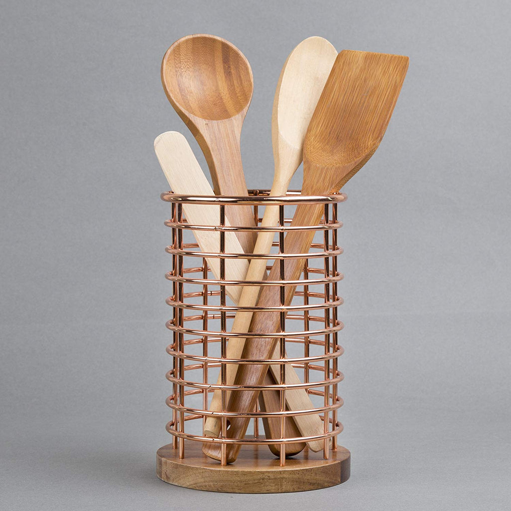 Deluxe Acacia Wood and Wire Utensil Tool Holder with Copper Finish, NA