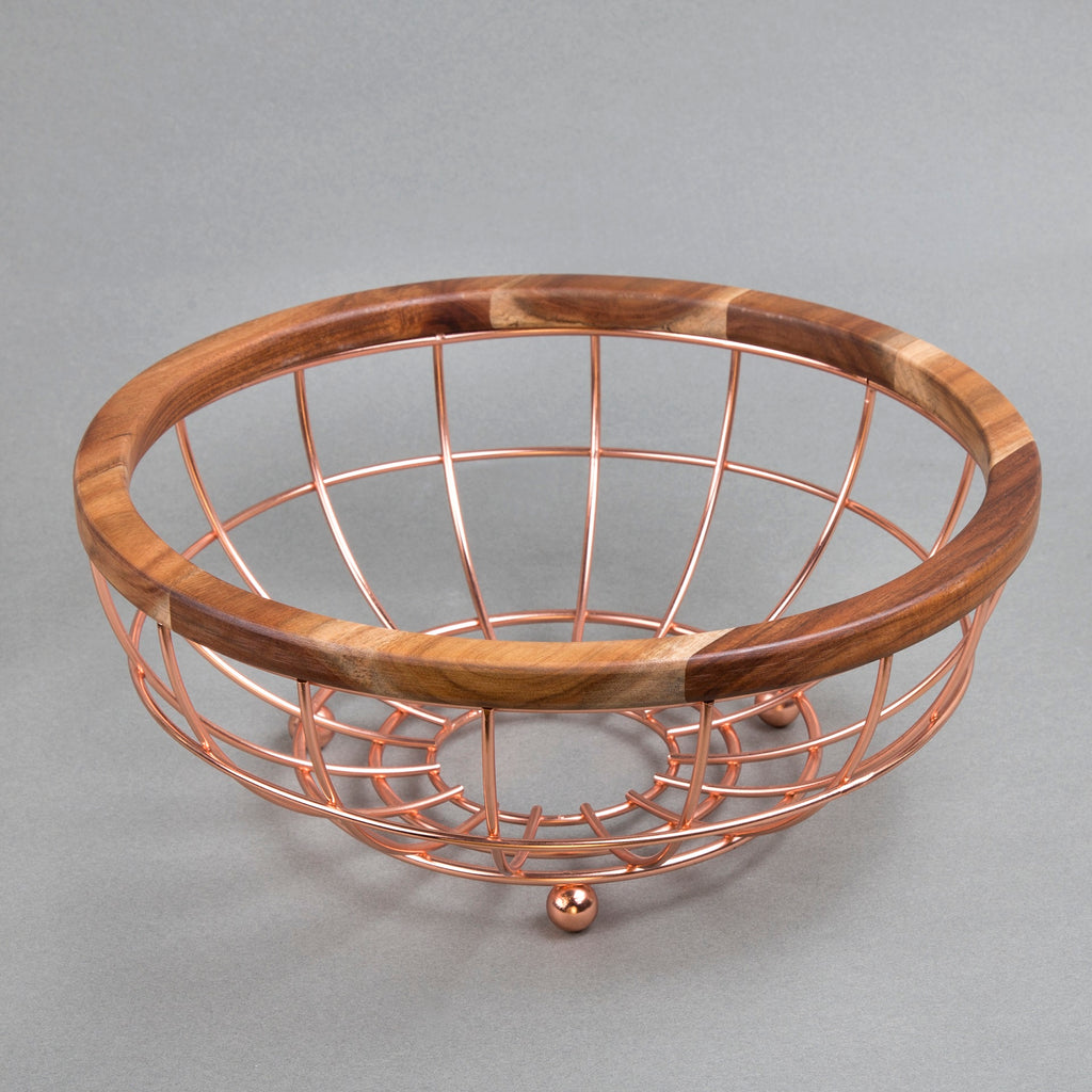 Creative Home Deluxe Acacia Wood and Wire Fruit Basket with Copper Finish