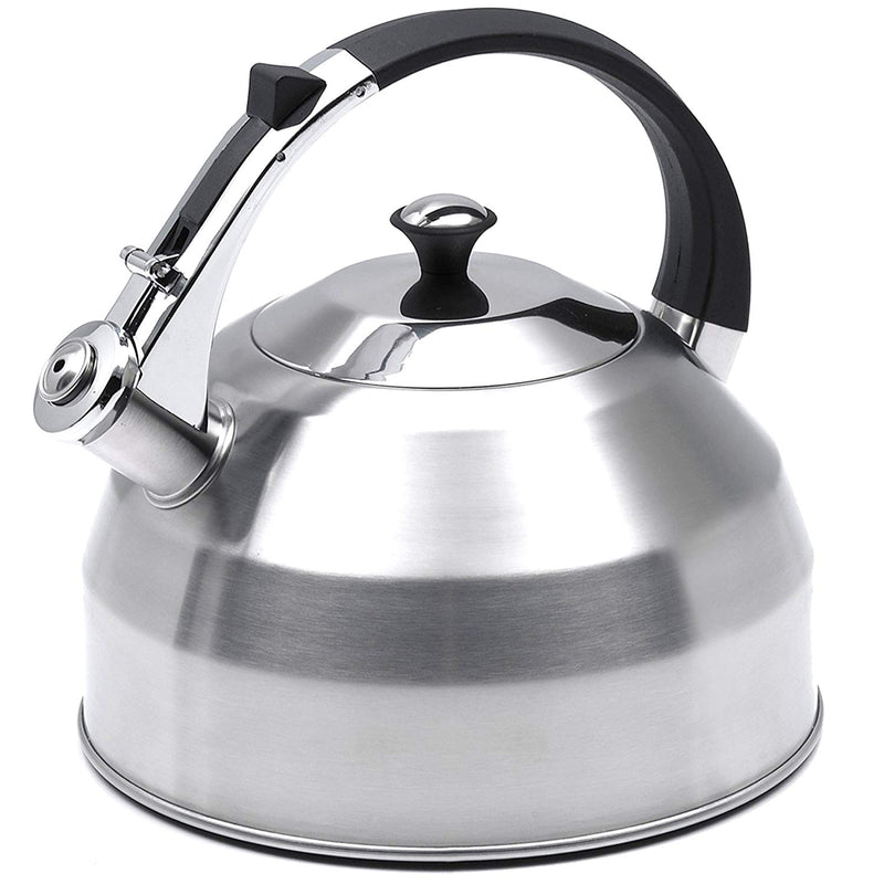 Creative Home 2.6 qt. Stainless Steel Whistling Tea Kettle Teapot with Folding Wood Touching Handle Aluminum Capsulated Bottom for Fast Boiling Heat W