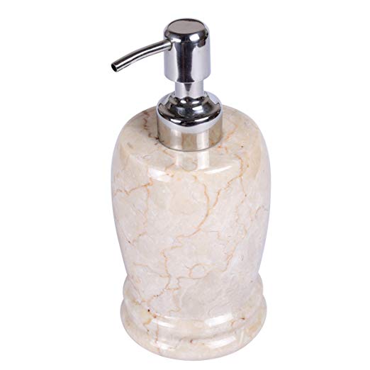 Natural Champagne Marble Stone Liquid Soap, Lotion Dispenser with Stainless Steel Pump 3-1/4" Diam. x 7-1/4" Beige