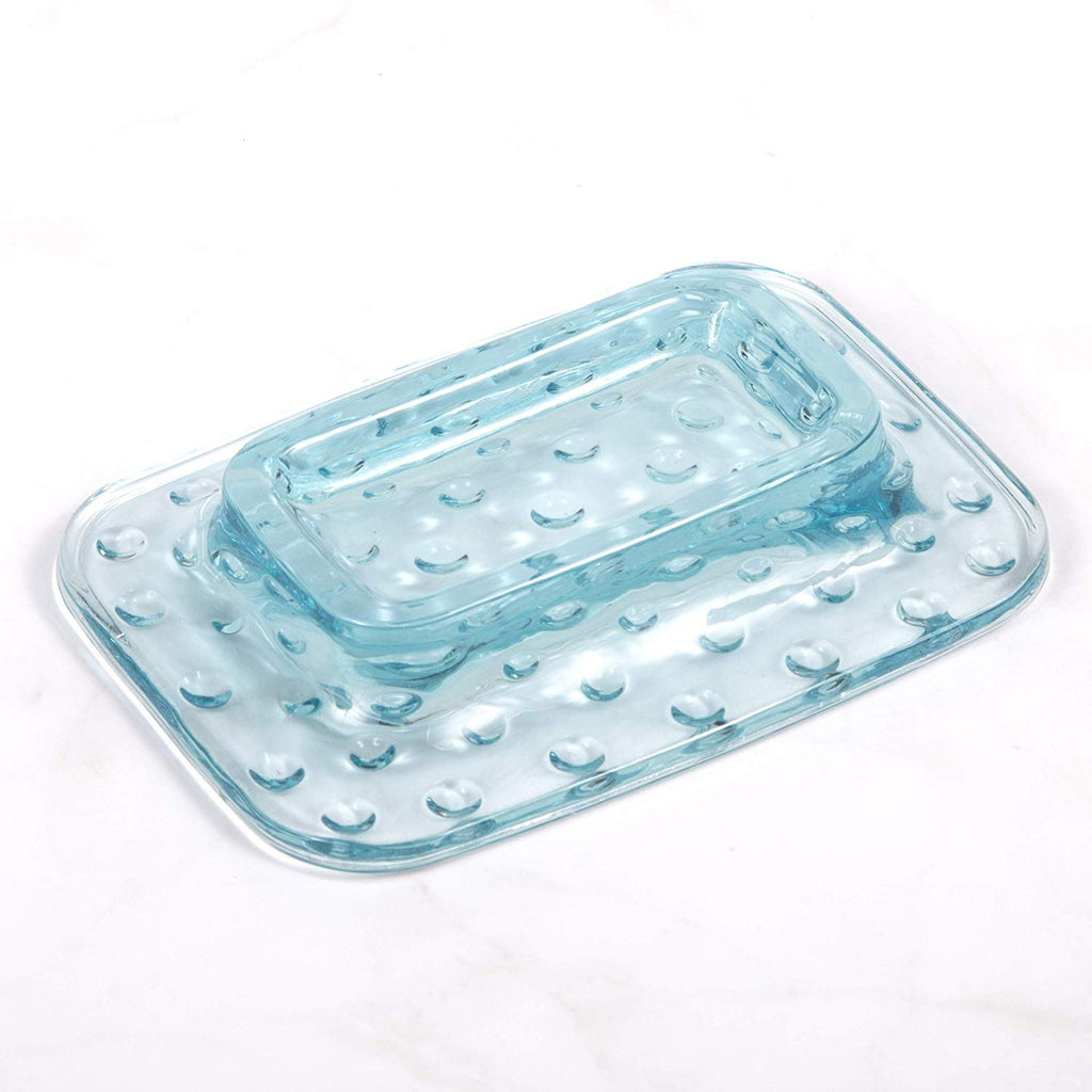 Creative Home Transparent Blue Dot Glass Soap Dish, Soap Tray Holder