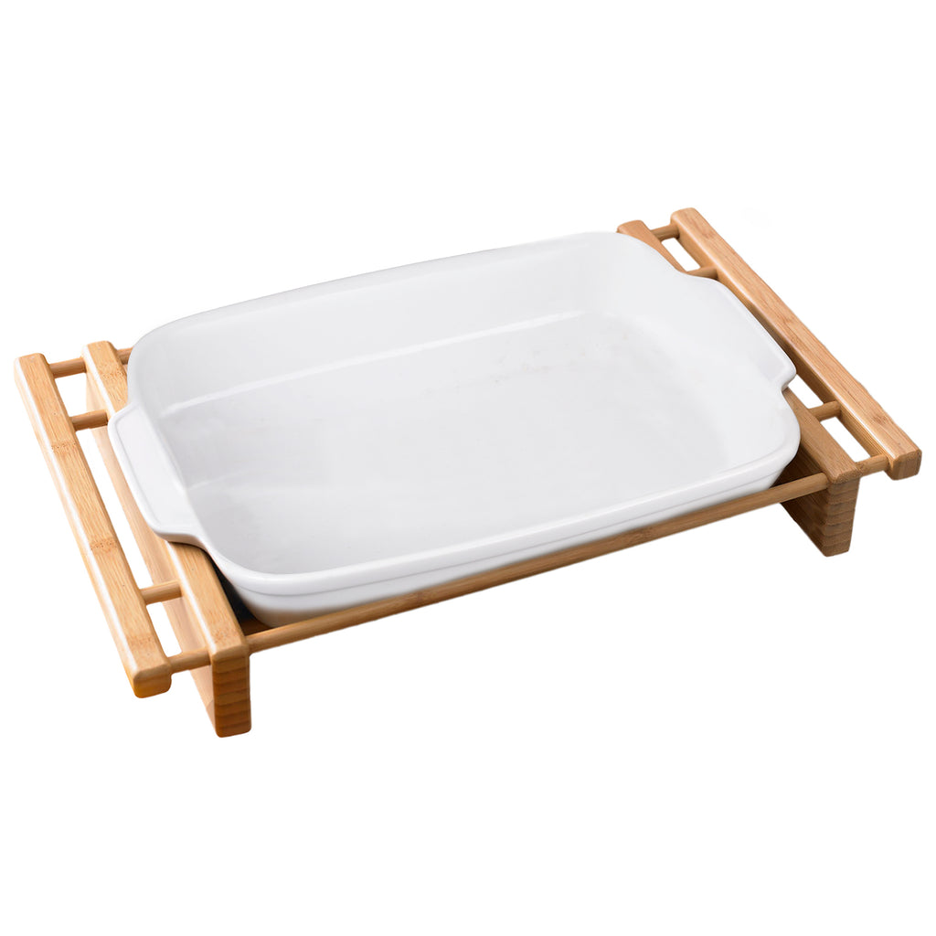 Creative Home Grand Buffet Lasagna/Roaster Dish Stoneware Dish with Bamboo Cradle