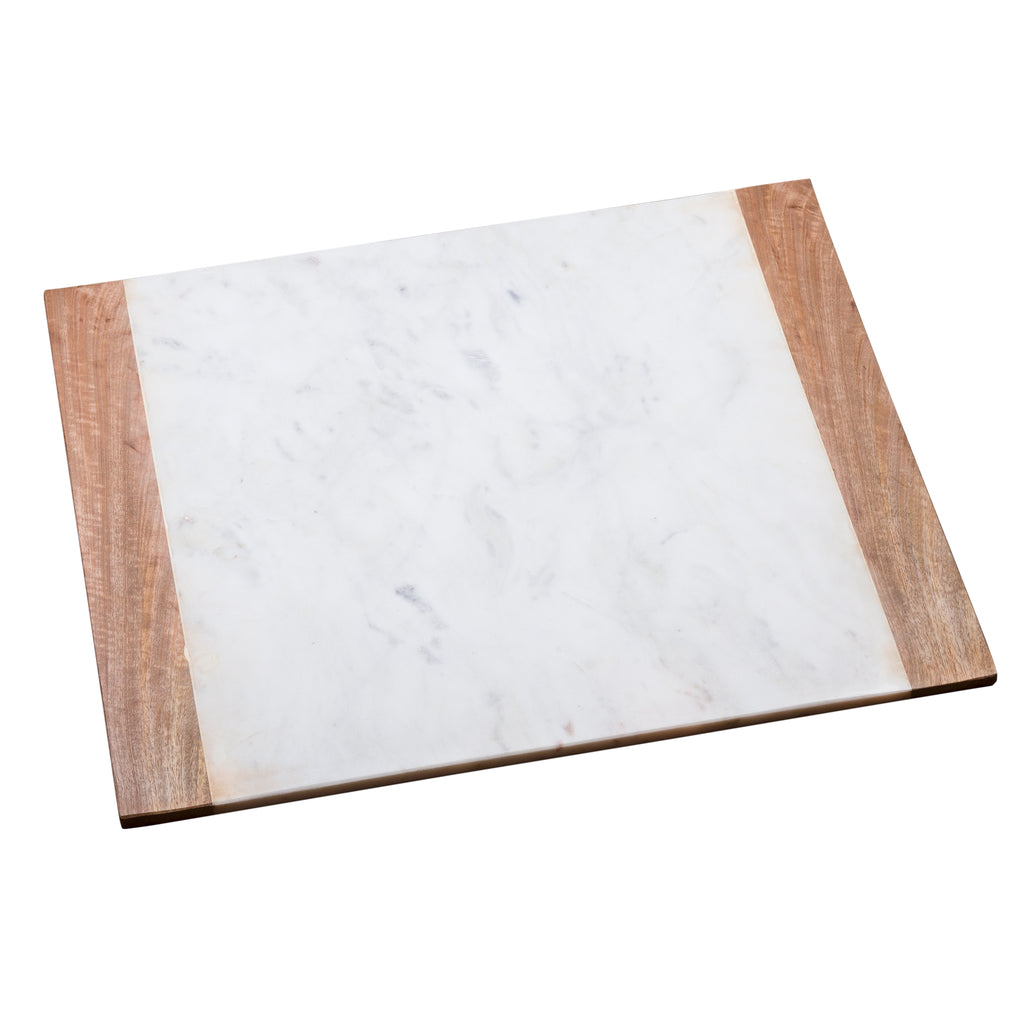 Creative Home Natural White Marble with Mango Wood 16" x 20" Pastry Board, Serving Plate