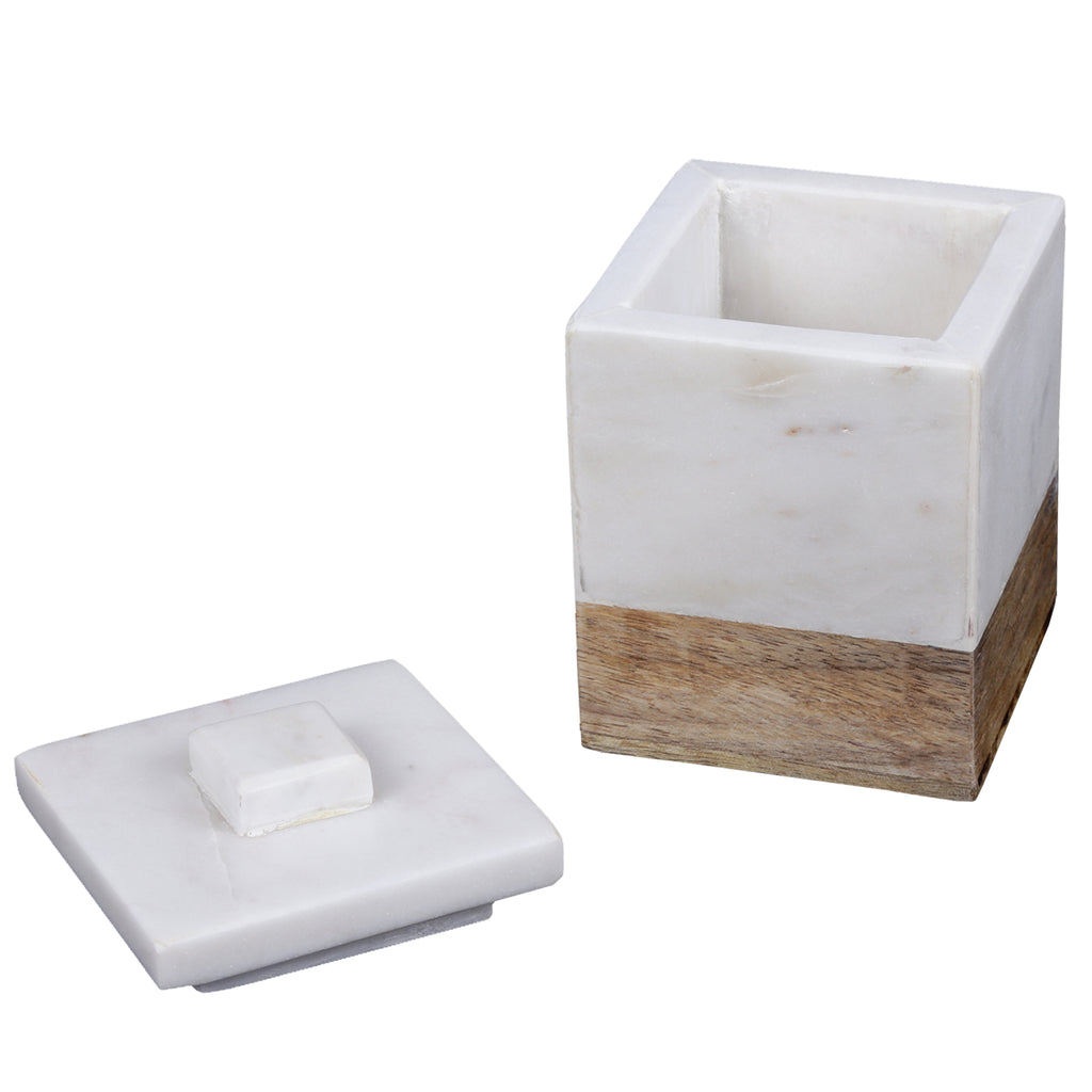 Creative Home Natural Marble and Mango Wood Cotton Ball Swab Holder,
