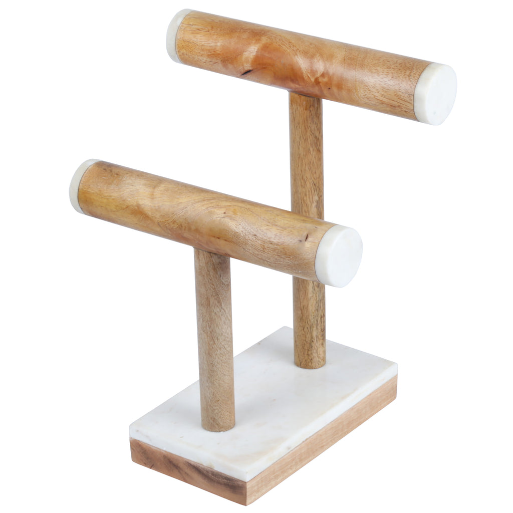 Creative Home Marble Stone and Mango Wood 2-Tier Necklace, Bracelet Display Stand