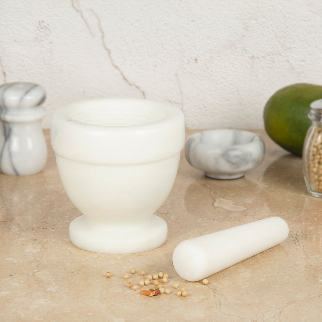 Creative Home Natural Marble Mortar and Pestle Set, Spice Grinder, Guacamole Molcajete Bowl, Kitchen Spices, Herbs, Pesto Grinder, Off White
