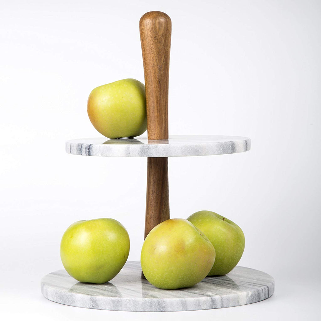 Natural Marble Stone and Acacia Wood 2-Tier Cake Stand Dessert Server 10" Diam. x 11-3/4" H Grey
