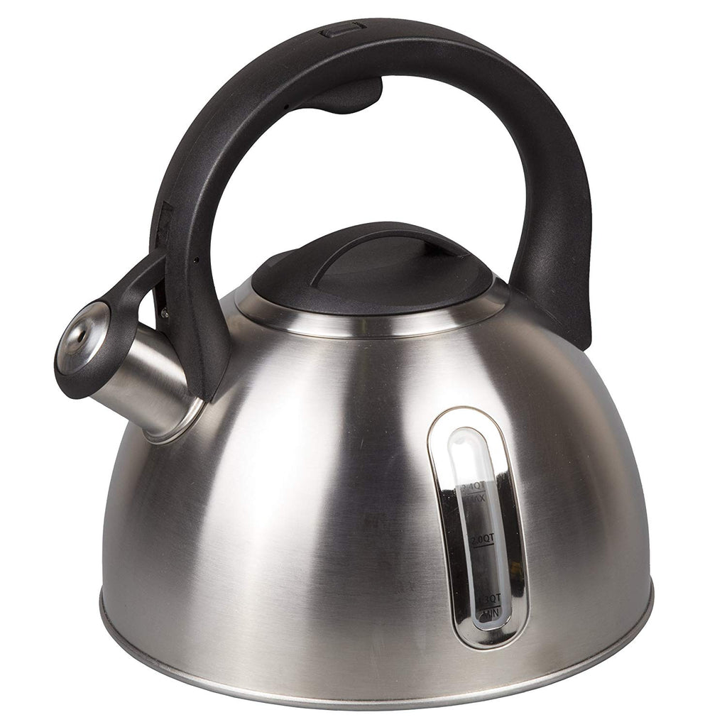 Encore 2.4 Quart Stainless Steel Whistling Tea Kettle with Aluminum Capsulated Bottom and Clear Window, Brushed Finish