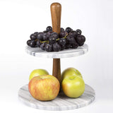 Natural Marble Stone and Acacia Wood 2-Tier Cake Stand Dessert Server 10" Diam. x 11-3/4" H Grey