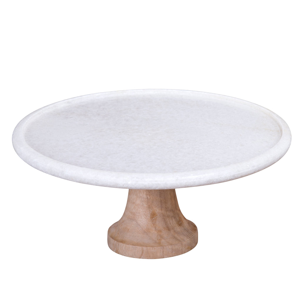 Creative Home Genuine White Marble and Mango Wood 12" Diam. Footed Cake Stand, Serving Plate