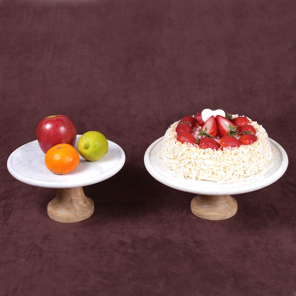 Creative Home Genuine White Marble and Mango Wood 12" Diam. Footed Cake Stand, Serving Plate