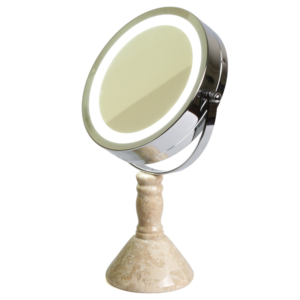 Creative Home Deluxe 7" Double Sided Swivel Vanity Led Mirror with 1x, 7x Magnification & Champagne Marble Pillar Stand